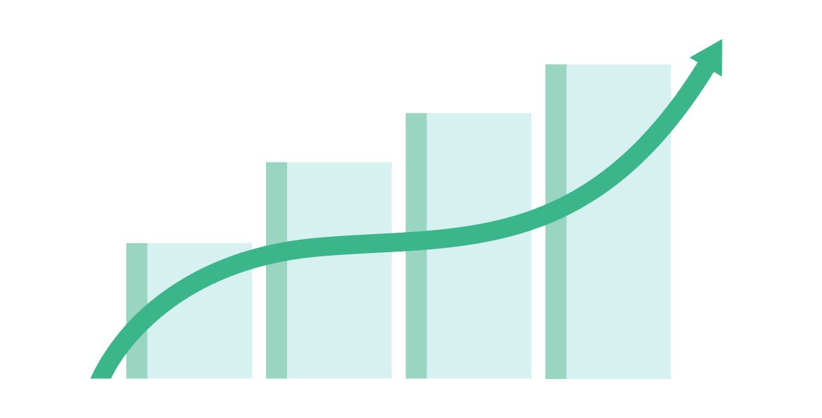 上昇トレンドを示す棒グラフと緑色の矢印で、再エネ市場の成長を表現した図