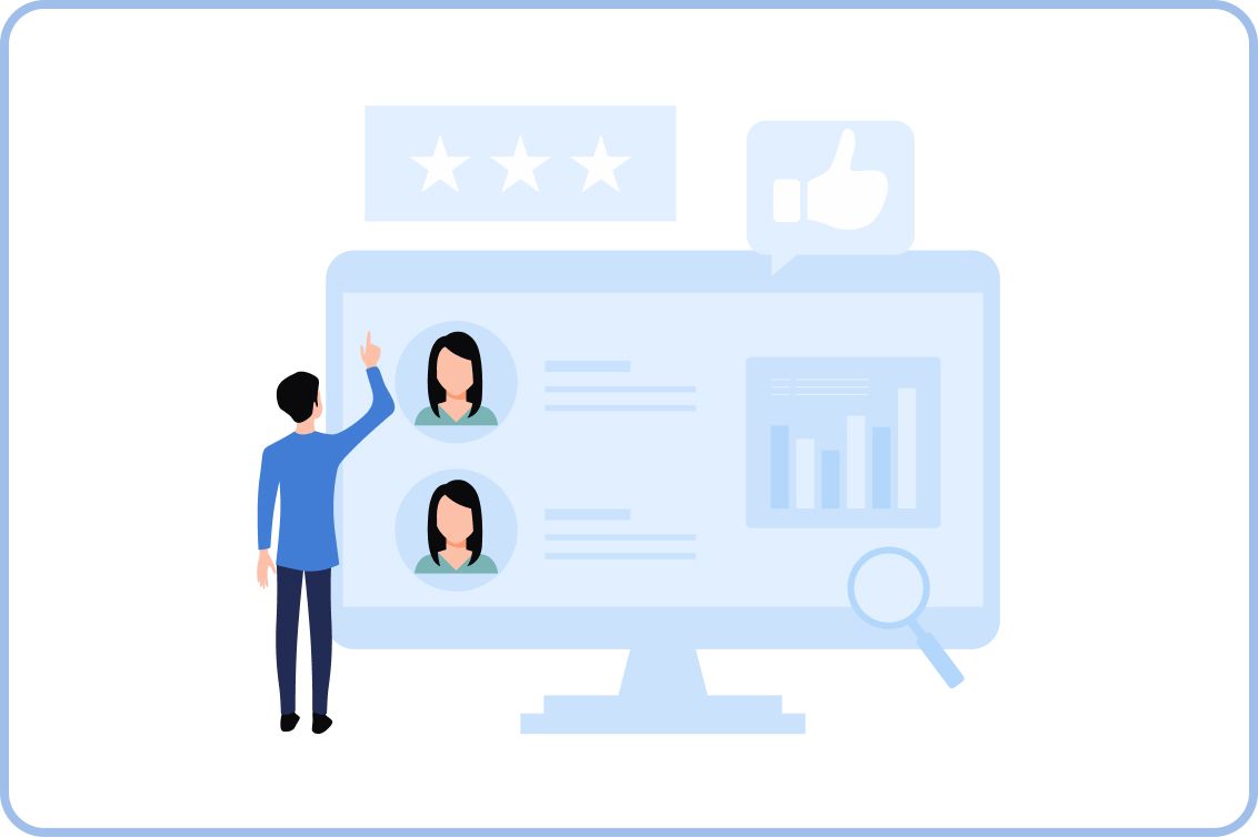 コンピューターモニターに表示されたユーザープロフィールやデータ分析画面を指さす人物のイラスト。顧客管理やデータ活用を表現