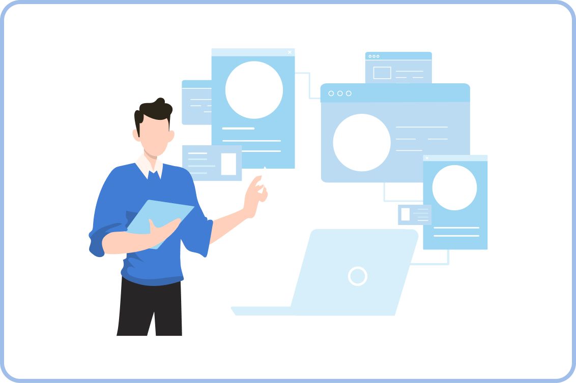 タブレットとラップトップを使い、複数のデジタルインターフェースやウェブページを操作する男性のイラスト。デジタル営業支援やシステム連携を表現