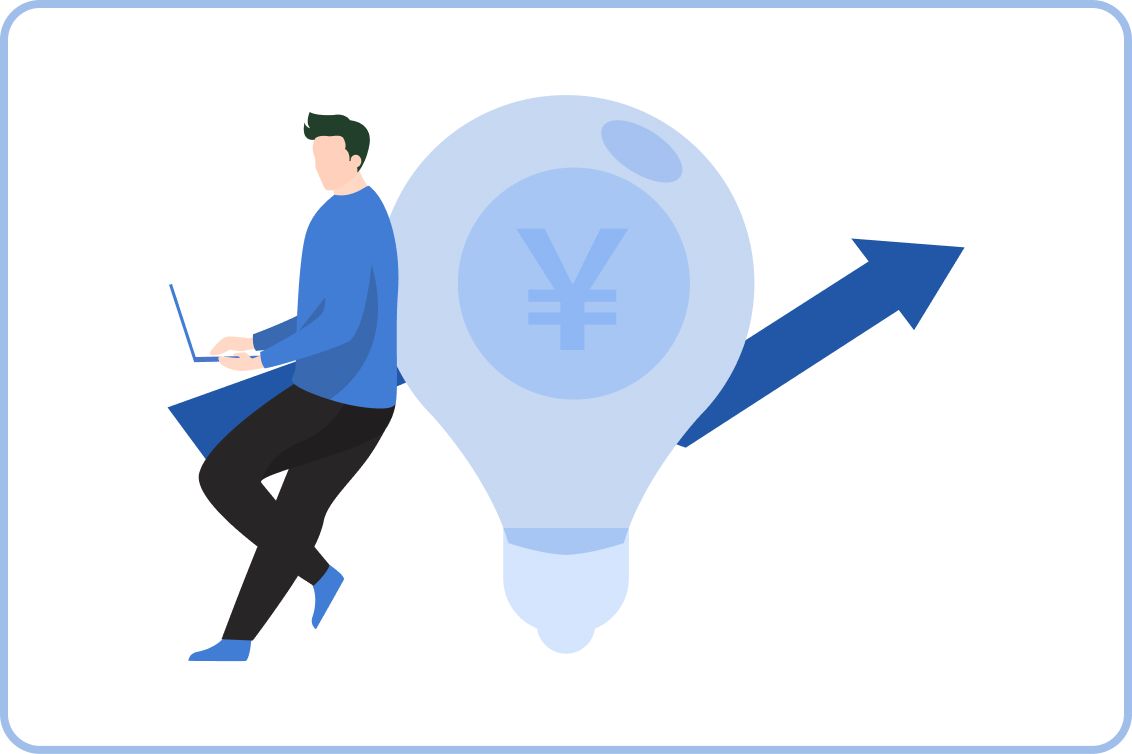 ラップトップを持った人物と、円マークが入った電球、上向きの矢印が描かれたイラスト。アイデアから収益成長への流れを表現