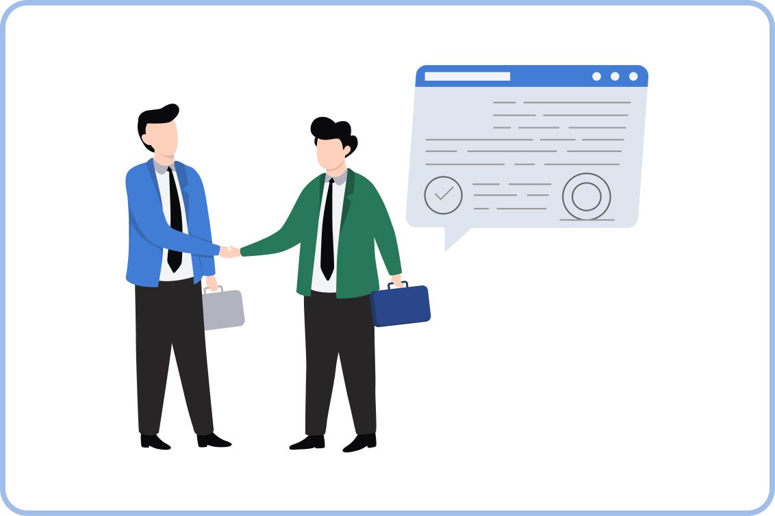 スーツ姿の2人のビジネスマンが握手を交わし、契約書や合意を示す吹き出しが描かれたイラスト。パートナーシップの成立を表現